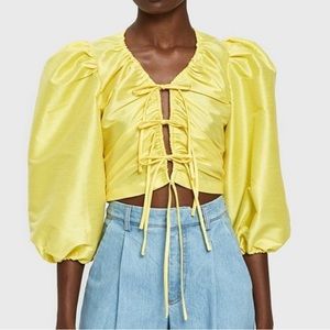Yellow Puff Sleeve Cropped Tie Blouse
